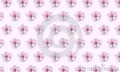 Realistic chinese pink sakura pattern on soft rose background. Oriental textile design template flower blossom spring Vector Illustration