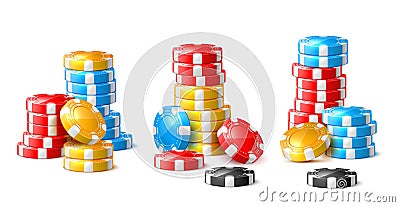 Realistic chips stacks. Colored round game tokens pile different colors elements, poker gambling, roulette, betting Vector Illustration