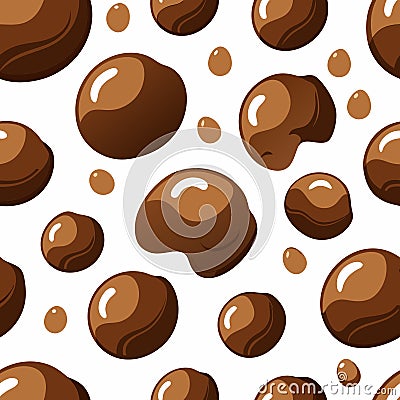 Realistic chocolate bubbles on white background. Vector illustration of seamless pattern with glossy brown blobs of different... Vector Illustration
