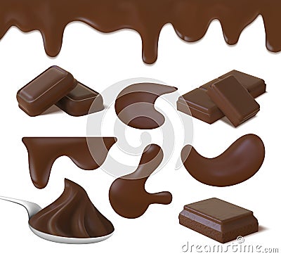 Realistic chocolate cream puddles, cocoa butter and bar pieces. Dark chocolate swirl on spoon, liquid icing border and Vector Illustration