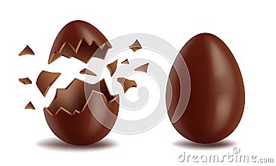 Realistic chocolate eggs set, broker, exploded and whole, sweet tasty eggshell, easter symbol, vector illustration Vector Illustration
