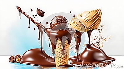 Realistic chocolate splash and ice cream. Vector ad poster with bite choco popsicle with nuts and liquid swirl. Icecream on stick Stock Photo