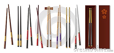 Realistic chopsticks. Asian tableware. Traditional Japanese or Chinese wooden cutlery. Isolated sushi food stick pairs Vector Illustration