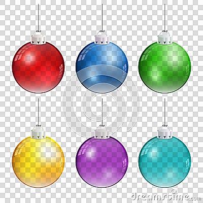 Realistic Christmas balls in different colors hanging on transparent background. Vector Illustration
