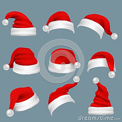 Realistic christmas santa claus red hats isolated vector set Vector Illustration