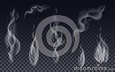 Realistic cigarette smoke waves or steam on transparent background. Vector Illustration