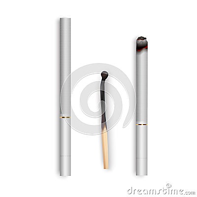 Realistic Cigarette with White Filter Tobacco Ashes. Set of Cigarettes and match stick on white background, Addiction is Dangerous Vector Illustration