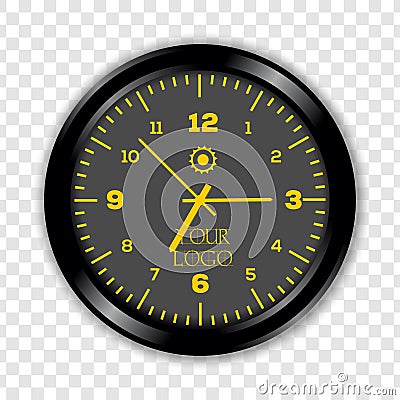 Realistic classic black and yellow round wall Clock isolated on transparent background. Vector Illustration