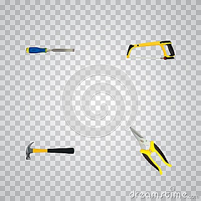 Realistic Claw, Chisel, Scissors And Other Vector Elements. Set Of Instruments Realistic Symbols Also Includes Hacksaw Vector Illustration