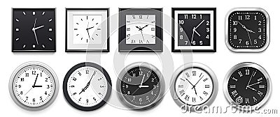 Realistic clock. Modern white round wall clocks, black watch face and time watch mockup 3d vector illustration set Vector Illustration