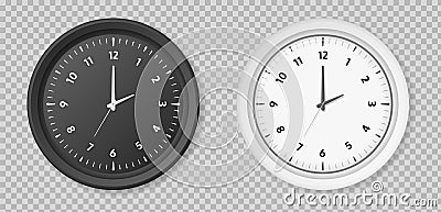 Realistic clock. Round white and black metal or plastic office clocks. Vector watch isolated on transparent background Vector Illustration