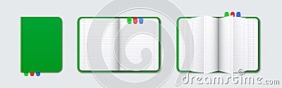 Realistic closed and opened green notebook set isolated on grey background. Top view moleskin. Notebook with lined Vector Illustration