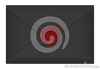 Realistic closed vintage old aged black letter envelop with round dark red wax seal stamp. Paper parchment. Ancient Vector Illustration