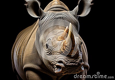 Realistic closeup portrait of a rhino on dark background. AI generated Stock Photo