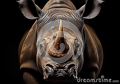 Realistic closeup portrait of a rhino on dark background. AI generated Stock Photo