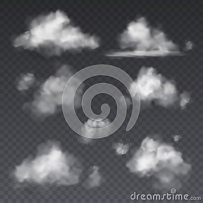 Realistic cloud. White clouds fluffy sky fog frame isolated on transparent background vector set Vector Illustration