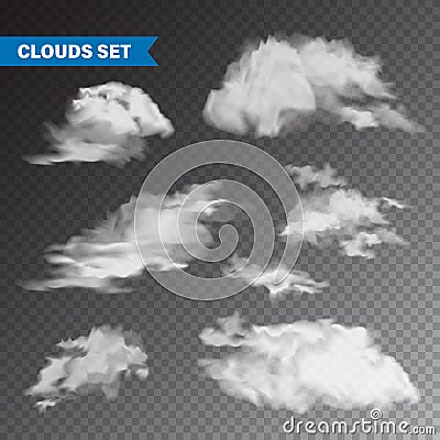 Realistic Clouds Set. Isolated Cloud on Transparent Background. Sky Panorama. Vector Design Element. Vector Illustration