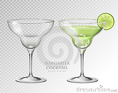 Realistic cocktail margarita on transparent background. Full and empty glass Vector Illustration