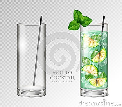 Realistic cocktail mojito on transparent background. Full and empty glass Vector Illustration