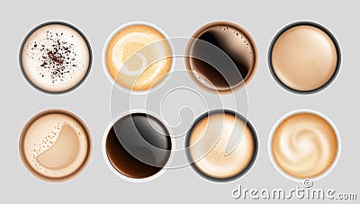 Realistic coffee cup. Top view hot latte cappuccino espresso, isolated breakfast beverages. Milk froth drinks in mugs Vector Illustration