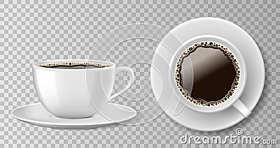 Realistic coffee cup top view isolated on transparent background. White blank mug with black coffee and saucer. Vector Vector Illustration