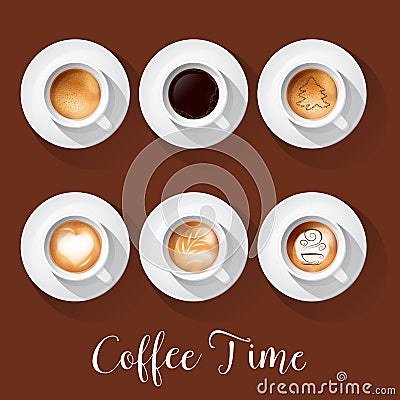 Realistic Coffee Cups with Americano Latte Espresso Macchiatto Mocha Cappuccino Vector Illustration