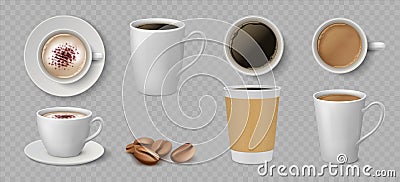 Realistic coffee cups. White ceramic and paper mugs with espresso latte and cappuccino. Vector 3D isolated coffee set Vector Illustration