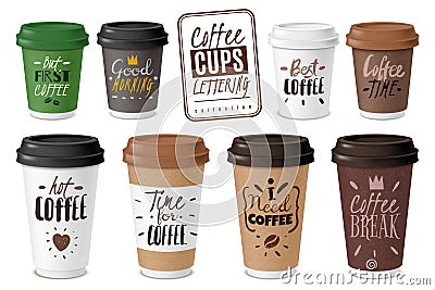 Realistic coffee disposable cups emblems set Vector Illustration