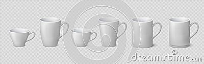 Realistic coffee mug. Blank ceramic white cup mockups isolated on transparent background, 3D porcelain teacup. Vector Vector Illustration