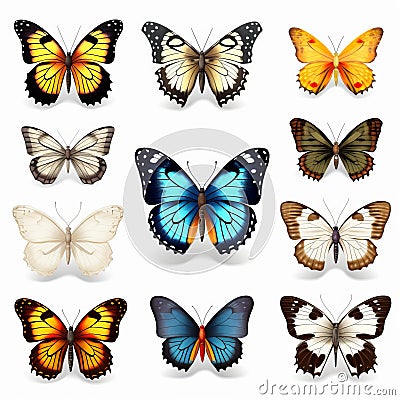 Realistic Collection Of Colorful Butterflies On Transparent Background Cartoon Illustration