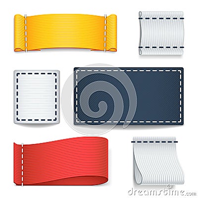 Realistic color blank fabric labels, badges with stitching vector set Vector Illustration