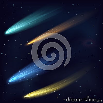 Realistic color vector meteor asteroid comet in the night sky in space. Stock Photo