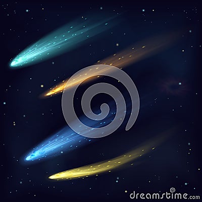 Realistic color vector meteor asteroid comet in the night sky in space. Space Cosmos galaxy background. Vector Illustration