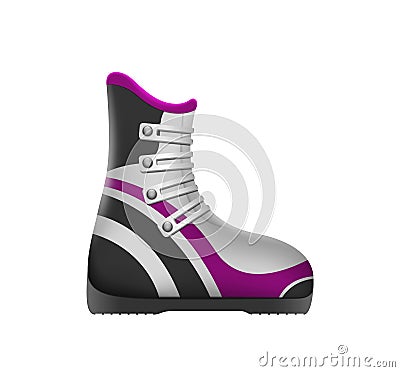 Realistic colorful alpine skis boots. Modern skiing shoes equipment. Winter sports elements for snow Vector Illustration