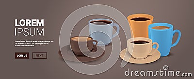 realistic colorful coffee cups hot americano espresso drinks horizontal copy space Vector Illustration