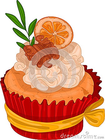 Realistic colorful cupcake with cream, walnut and orange template Vector Illustration