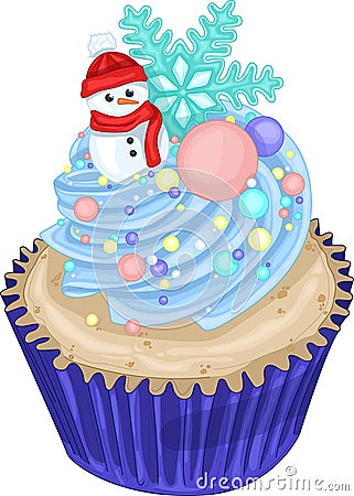 Realistic colorful cupcake with snowman, blue cream, rainbow sprinkles and snowflake template. Vector Illustration