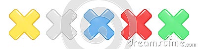 Realistic colorful 3d cross sign. Different colors multiplication 3d element, education maths icon, incorrect, reject, wrong, Vector Illustration