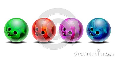 Realistic colorful 3D purple, blue, red , green bowling balls set. Vector Illustration