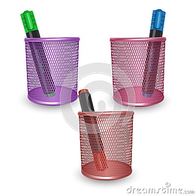 Realistic colorful highlighters office and stationery in the basket on white background, vector illustration Vector Illustration