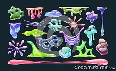 Realistic colorful homemade slime in shape of dripping blob splashes smudges. Goo blob splashes, toxic slimy liquid which Vector Illustration