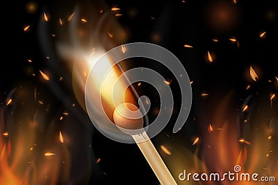 Realistic colorful image line bon fire flame with horizontal reflection smoke and sparks on black background. Vector Illustration