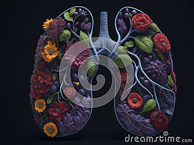 Realistic colorful lungs made of fresh flowers on black background. ai generative Stock Photo