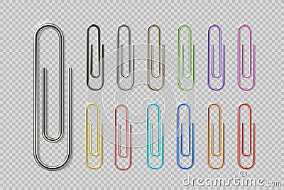 Realistic colorful paper clip set. Metal fasteners notebook holders. Vector illustrations colors steel paperclip Vector Illustration