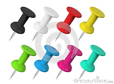 Realistic colorful push pins collection. Isolated vector illustration. Vector Illustration