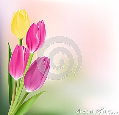 Realistic Colorful Tulips in Background Vector Illustration