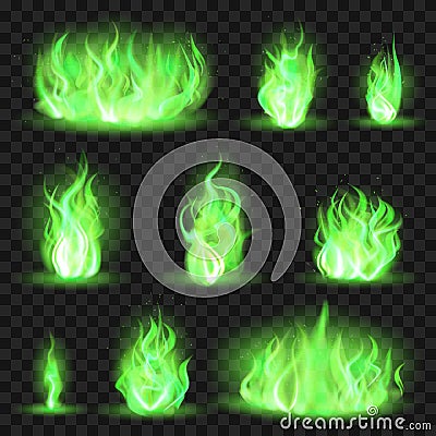 Realistic coloured fire. Green fiery blaze, magic game flaming flame, color burning spurts of flame vector illustration Vector Illustration