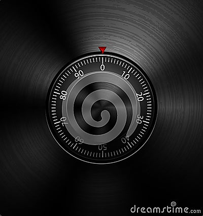 Realistic combination metal safe lock on radial polished black metal background. Stainless steel round control. White scale. Vector Illustration