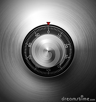 Realistic combination metal safe lock on radial polished black metal background. Stainless steel round control. White scale. Vector Illustration