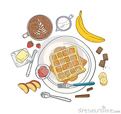 Realistic composition with delicious sweet breakfast meals and dessert morning food - wafers lying on plate, fruits Vector Illustration